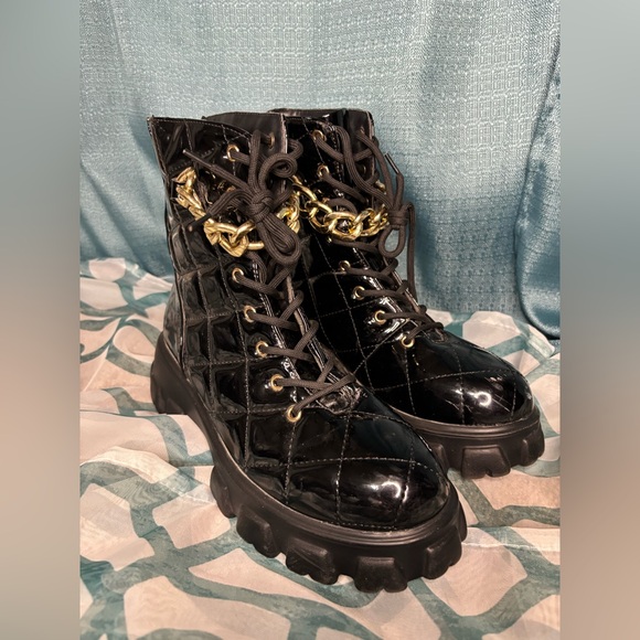 Shoes - Glossy Black Quilted Combat Boots with Gold Chain